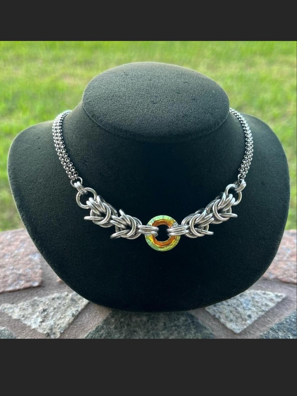 Sterling-Style Silver Chain Necklace with Iridescent Ring Accent